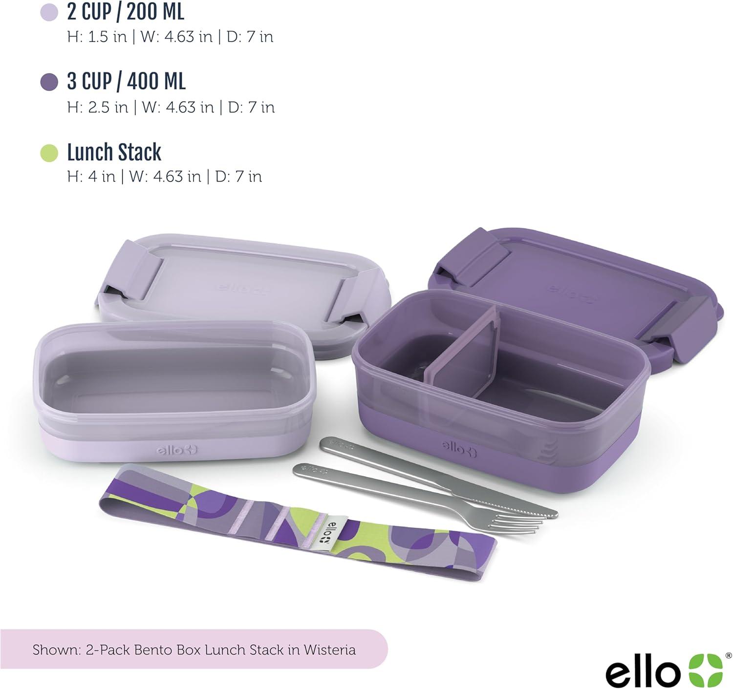 imageEllo 2Pack Bento Box Lunch Stack Plastic Food Storage Container LeakProof Locking Plastic Lids Silicone Base BPAFree Freezer Microwave and Dishwasher Safe WisteriaWisteria