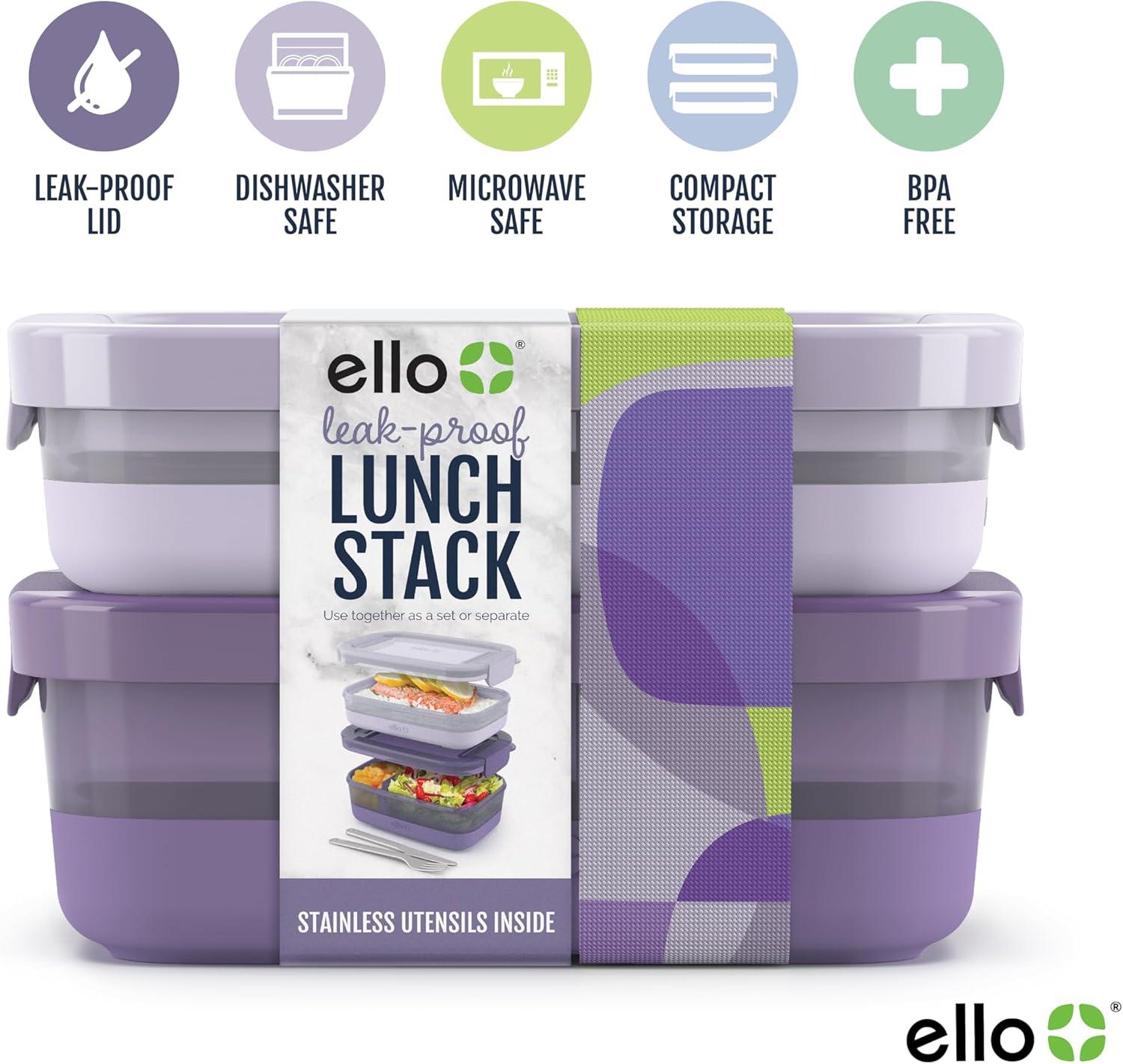 imageEllo 2Pack Bento Box Lunch Stack Plastic Food Storage Container LeakProof Locking Plastic Lids Silicone Base BPAFree Freezer Microwave and Dishwasher Safe WisteriaWisteria