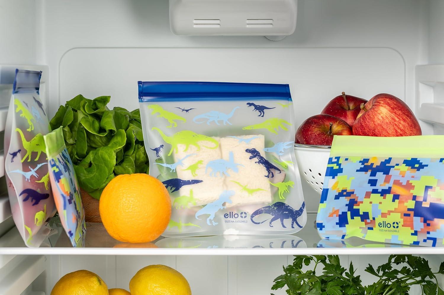 imageEllo 4 Pack Reusable Food Storage Bags Resealable BPAFree FoodSafe PEVA Feezer Safe and LeakProofDinos