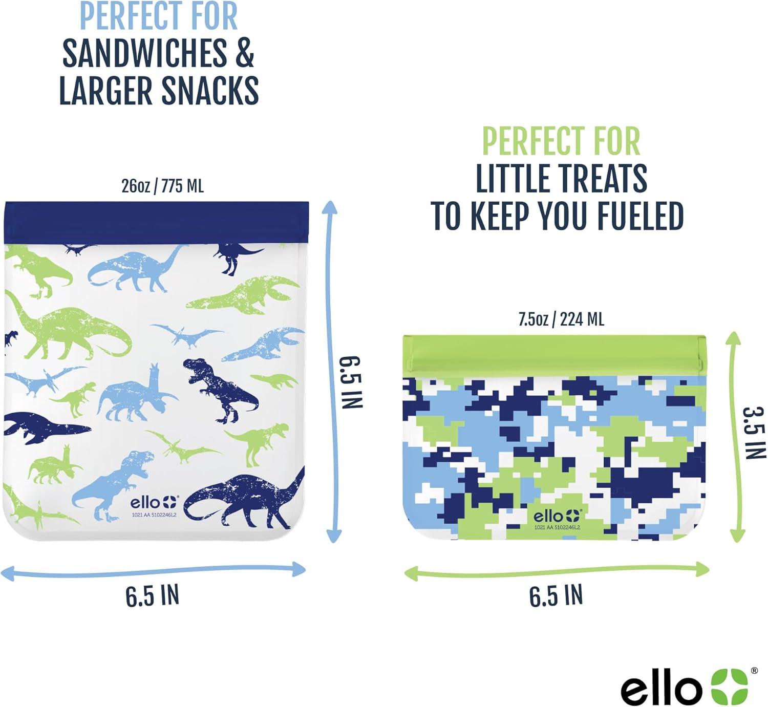 imageEllo 4 Pack Reusable Food Storage Bags Resealable BPAFree FoodSafe PEVA Feezer Safe and LeakProofDinos