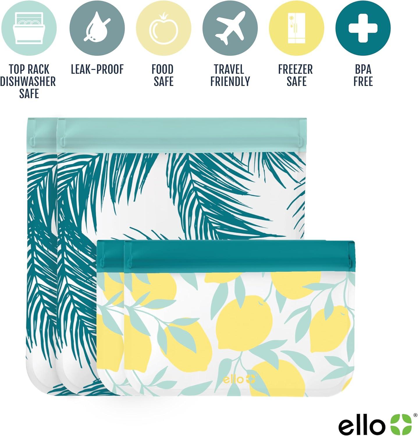 imageEllo 4 Pack Reusable Food Storage Bags Resealable BPAFree FoodSafe PEVA Feezer Safe and LeakProofLemons