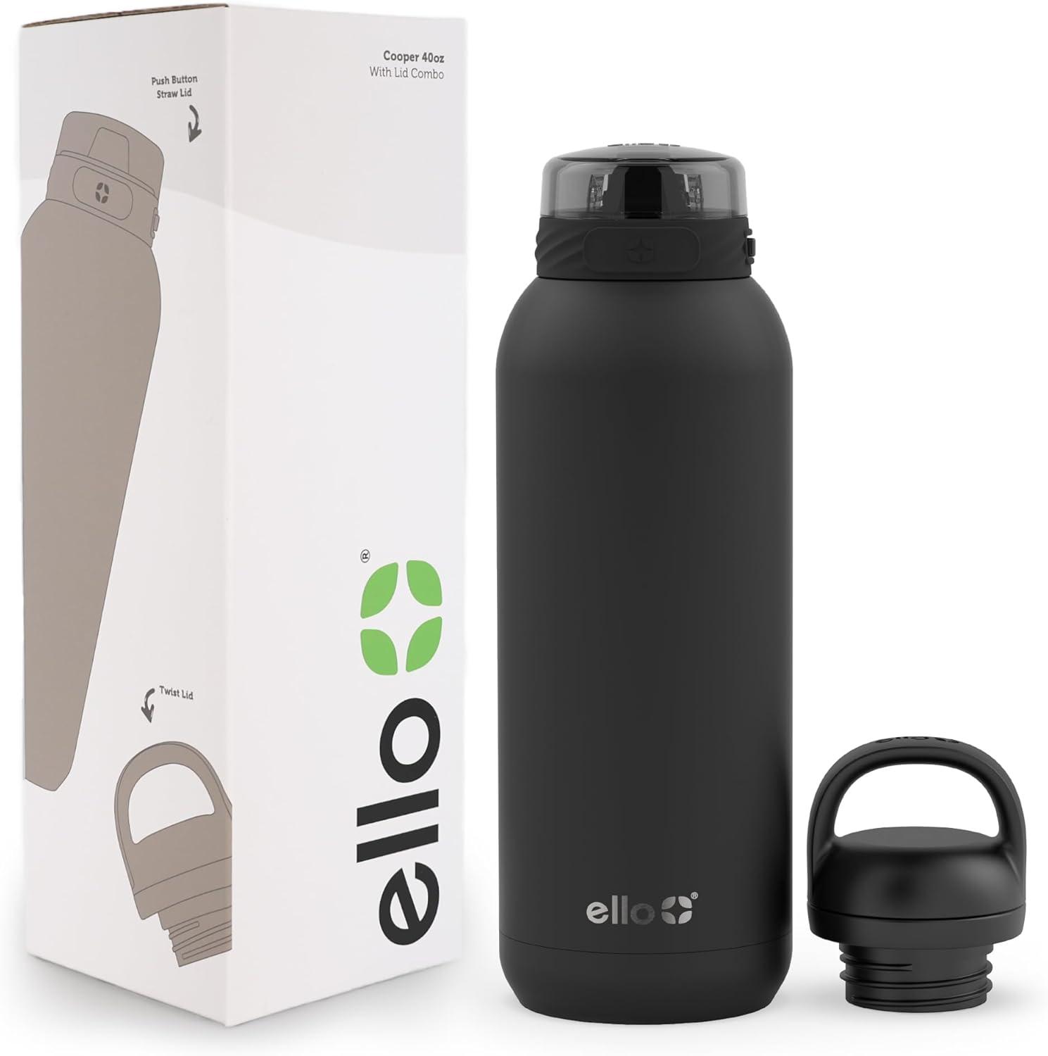 imageEllo Cooper 22oz Stainless Steel Water Bottle with Straw and Carry Handle Double Walled and Vacuum Insulated Metal Leak Proof Locking Lid with Soft Silicone Spout Reusable BPA Free AntiguaBlack