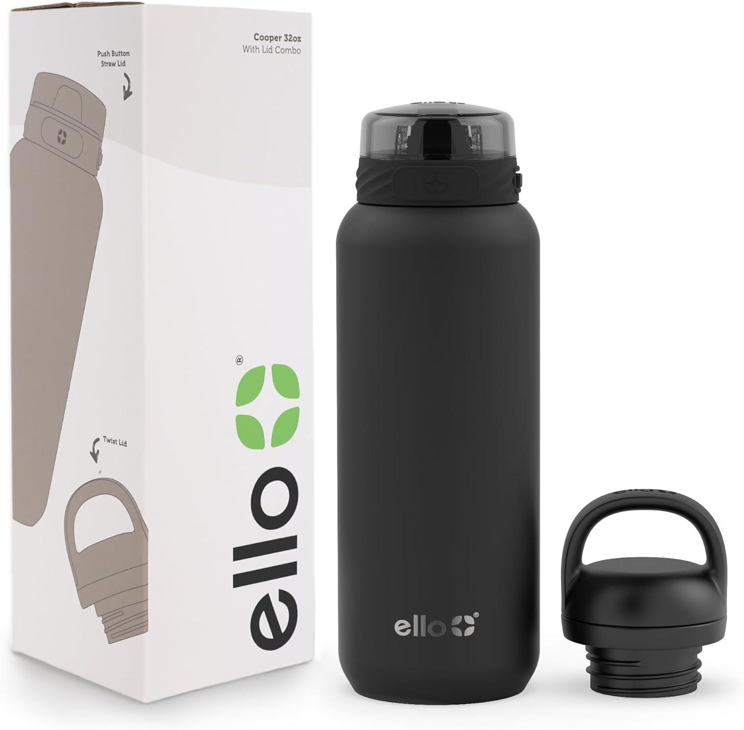 imageEllo Cooper 22oz Stainless Steel Water Bottle with Straw and Carry Handle Double Walled and Vacuum Insulated Metal Leak Proof Locking Lid with Soft Silicone Spout Reusable BPA Free AntiguaBlack