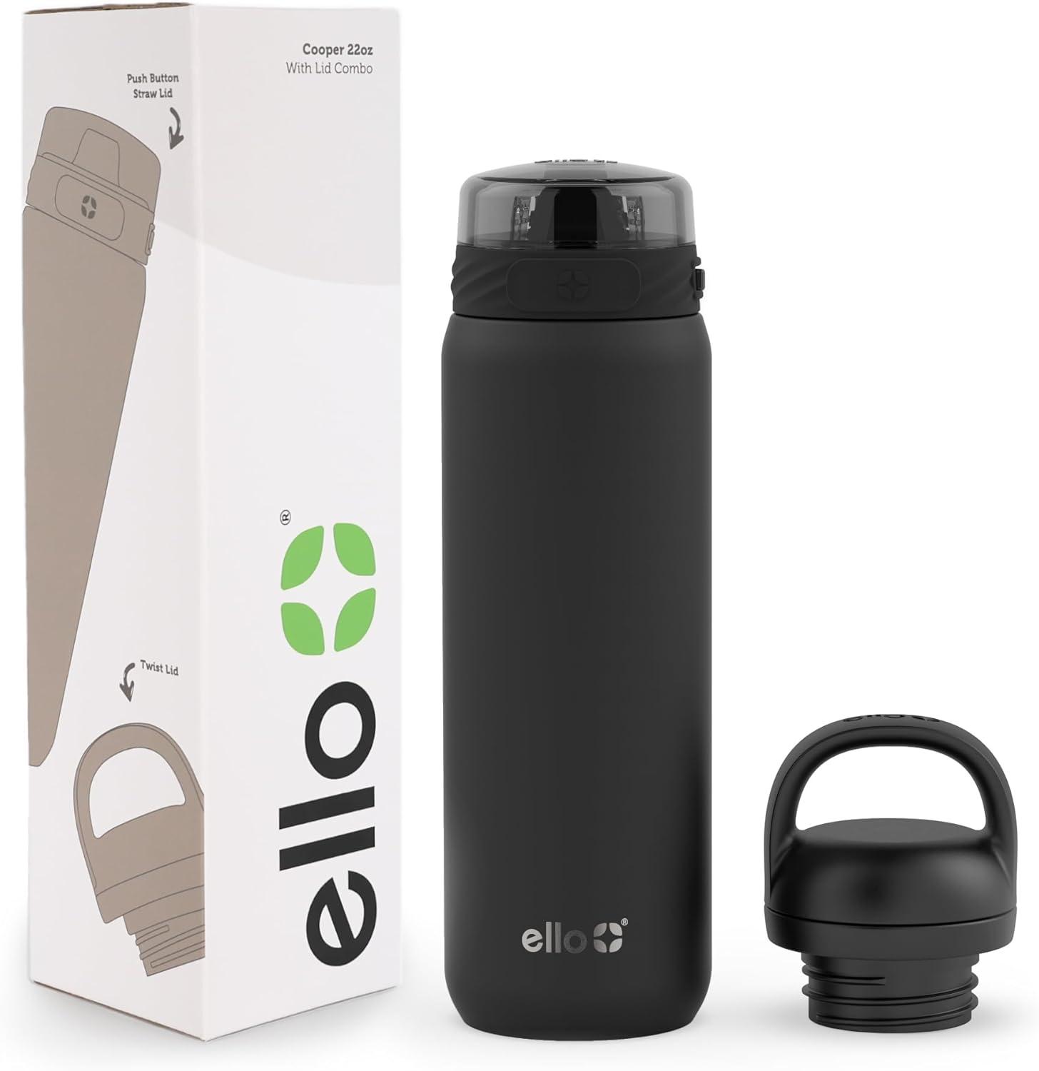 imageEllo Cooper 22oz Stainless Steel Water Bottle with Straw and Carry Handle Double Walled and Vacuum Insulated Metal Leak Proof Locking Lid with Soft Silicone Spout Reusable BPA Free AntiguaBlack