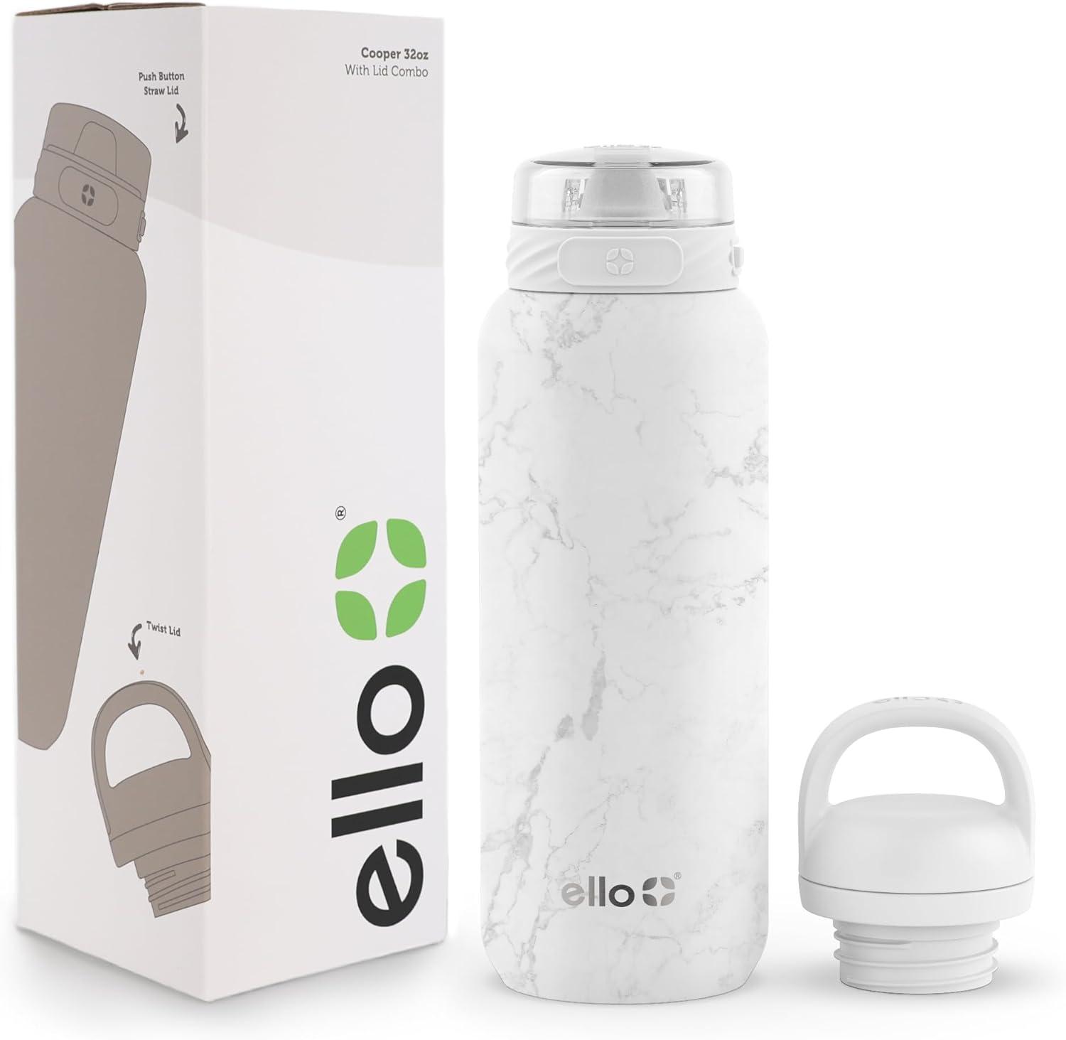 imageEllo Cooper 32oz Stainless Steel Water Bottle with Straw and Carry Handle Double Walled and Vacuum Insulated Metal Leak Proof Locking Lid with Soft Silicone Spout Reusbale BPA Free Halogen BlueWhite Marble