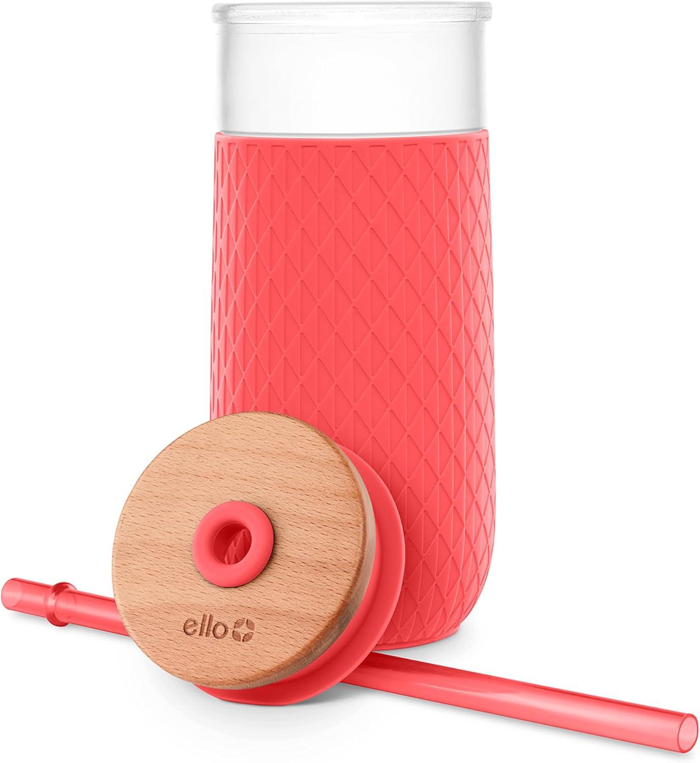 imageEllo Devon 18oz Glass Tumbler with Straw Friction Fit Bamboo Wood Lid and Silicone Sleeve Perfect for Iced Coffee Tea Matcha and SmoothiesCoral