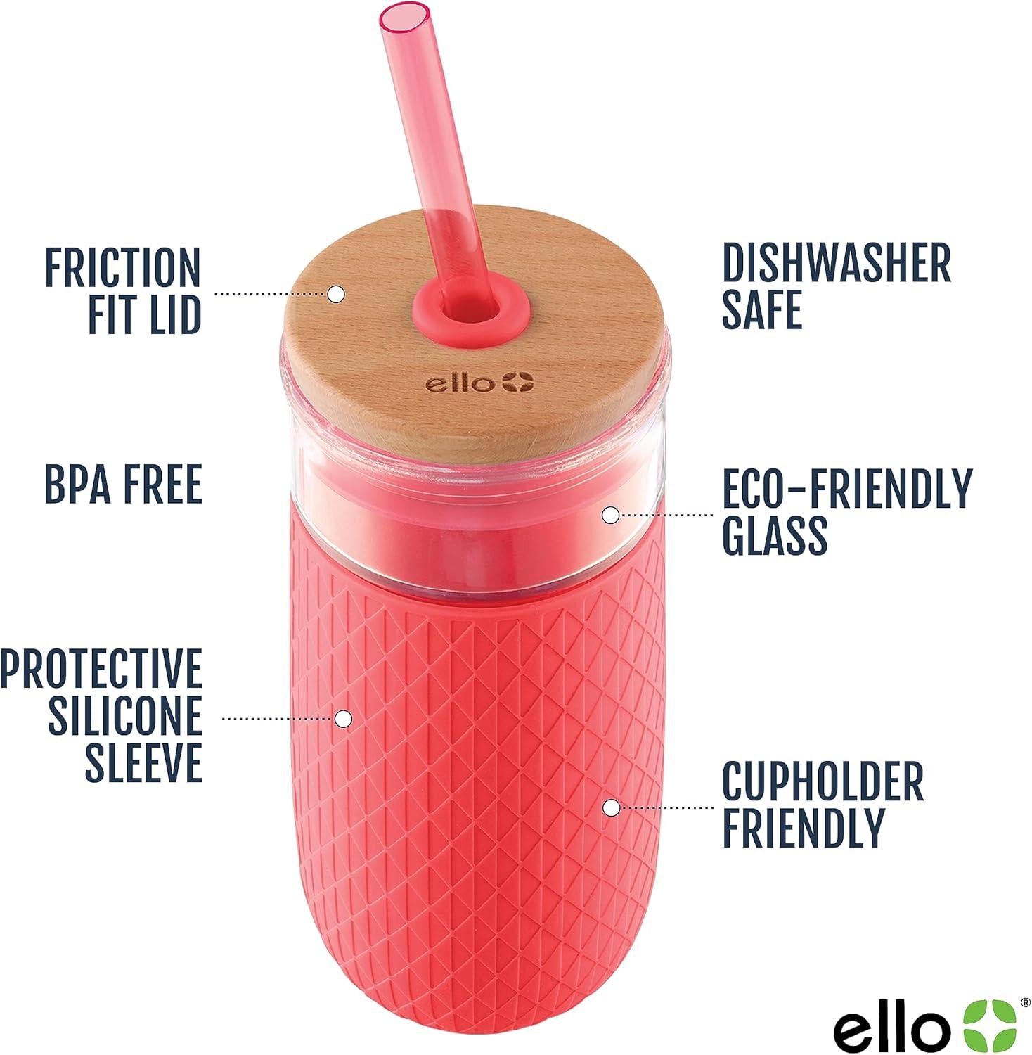 imageEllo Devon 18oz Glass Tumbler with Straw Friction Fit Bamboo Wood Lid and Silicone Sleeve Perfect for Iced Coffee Tea Matcha and SmoothiesCoral