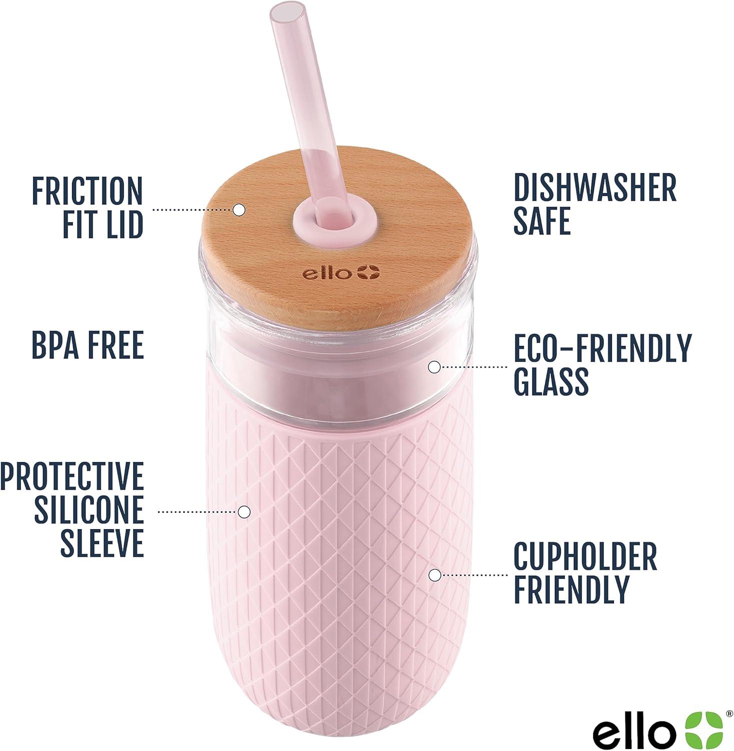 imageEllo Devon 18oz Glass Tumbler with Straw Friction Fit Bamboo Wood Lid and Silicone Sleeve Perfect for Iced Coffee Tea Matcha and SmoothiesPink Satin