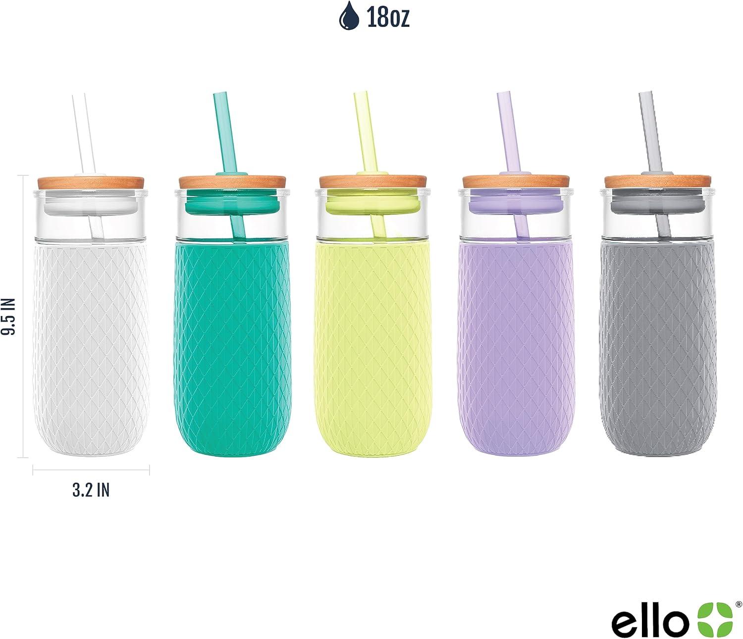 imageEllo Devon 18oz Glass Tumbler with Straw Friction Fit Bamboo Wood Lid and Silicone Sleeve Perfect for Iced Coffee Tea Matcha and SmoothiesPink Satin