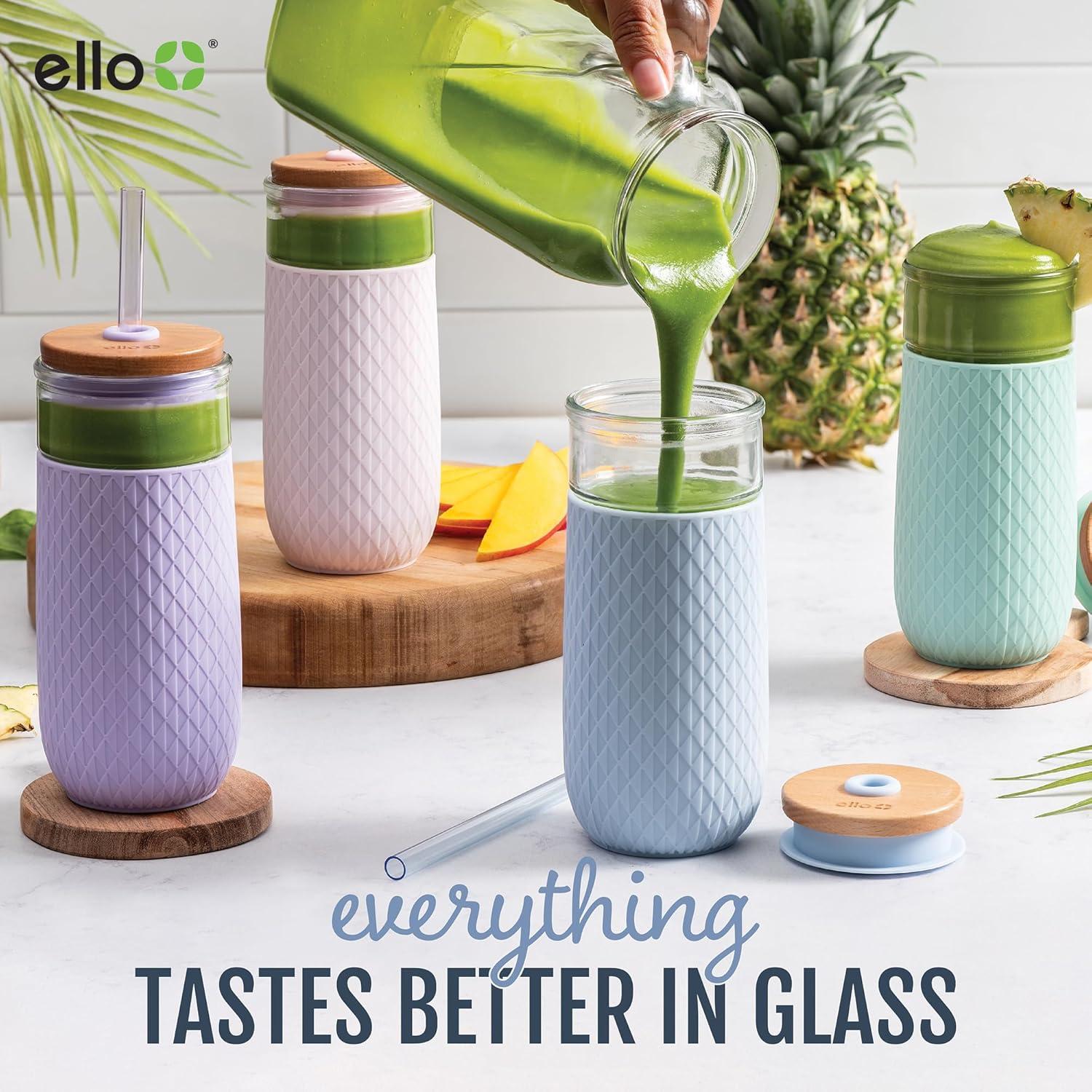 imageEllo Devon 18oz Glass Tumbler with Straw Friction Fit Bamboo Wood Lid and Silicone Sleeve Perfect for Iced Coffee Tea Matcha and SmoothiesWhite