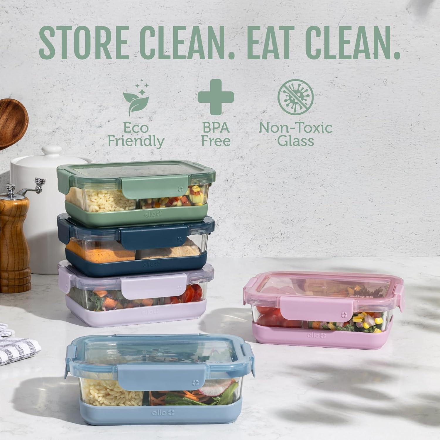 imageEllo Duraglass 34 Cup Meal Prep Sets 10Pc 5 Pack Set Glass Food Storage Container with Silicone Sleeve and Airtight BPAFree Plastic Lids Dishwasher Microwave and Freezer Safe MeadowDivided Meal Prep Heather Glade
