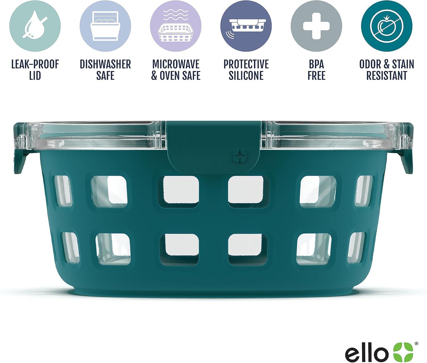 imageEllo Duraglass Meal Prep Container 7 cup Glass Food Storage Container with Silicone Sleeve and Airtight BPAFree Plastic Lid Dishwasher Microwave and Freezer Safe Watercress7 Cup Pack of 4