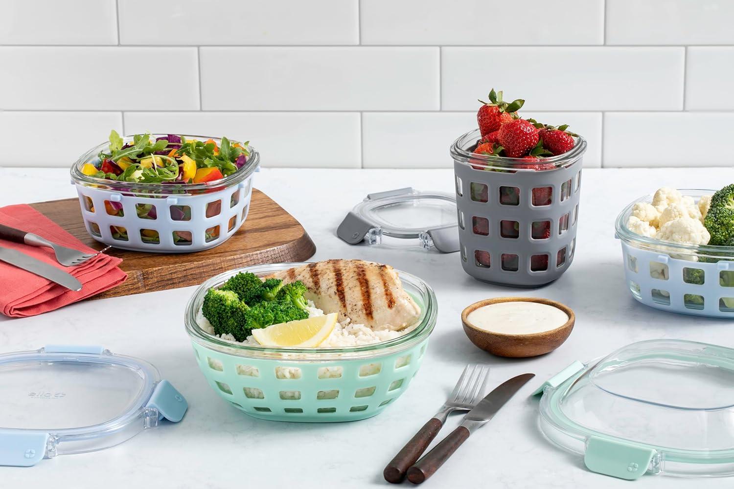 imageEllo Duraglass Meal Prep Lunch Bowl Container 5 cup Glass Food Storage Container with Silicone Sleeve and Airtight BPAFree Plastic Lid Dishwasher Microwave and Freezer SafeYucca