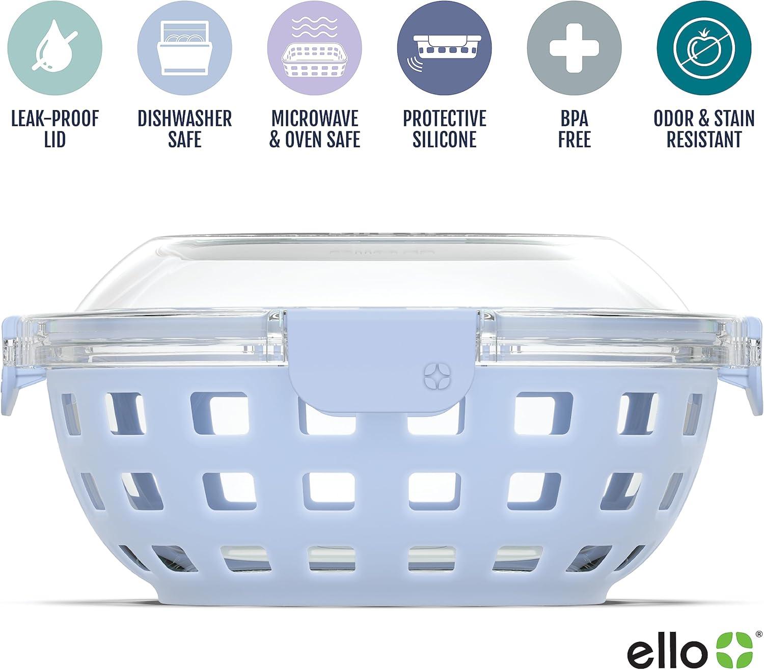 imageEllo Duraglass Meal Prep Lunch Bowl Container 5 cup Glass Food Storage Container with Silicone Sleeve and Airtight BPAFree Plastic Lid Dishwasher Microwave and Freezer SafeHalogen Blue