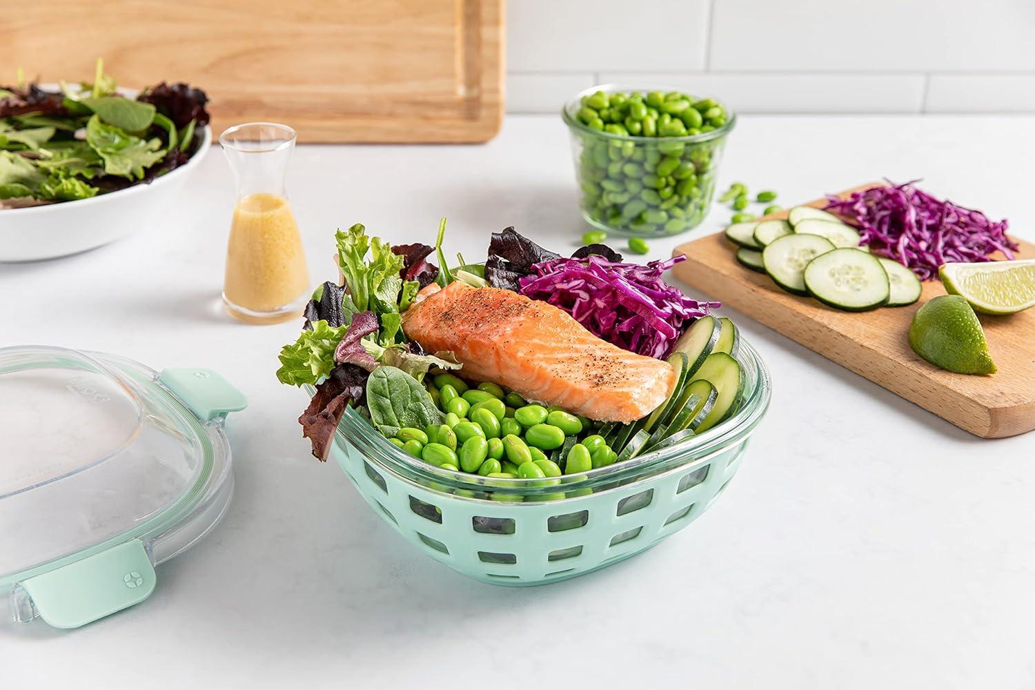 imageEllo Duraglass Meal Prep Lunch Bowl Container 5 cup Glass Food Storage Container with Silicone Sleeve and Airtight BPAFree Plastic Lid Dishwasher Microwave and Freezer SafeWatercress