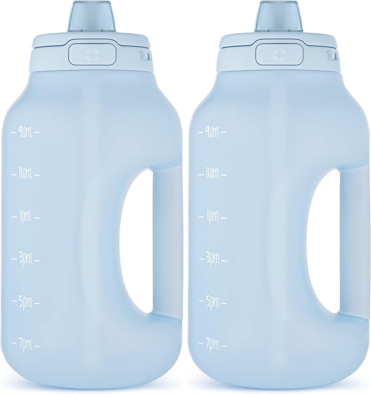imageEllo Hydra 64oz Half Gallon Water Jug with Handle and Motivational Time Markers for All Day Hydration Plastic Reusable Water Bottle with Straw and Locking Leak Proof Lid BPA FreeHalogen Blue