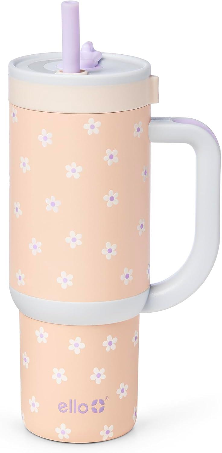 imageEllo Oasis 24oz Tumbler with Handle amp Retracting Straw Reusable Insulated Stainless Steel Cup 100 Leakproof Gifts for Teens Women Men Keeps cold for 24 Hours Cup Holder Friendly Orange DaisiesOrange Daisies