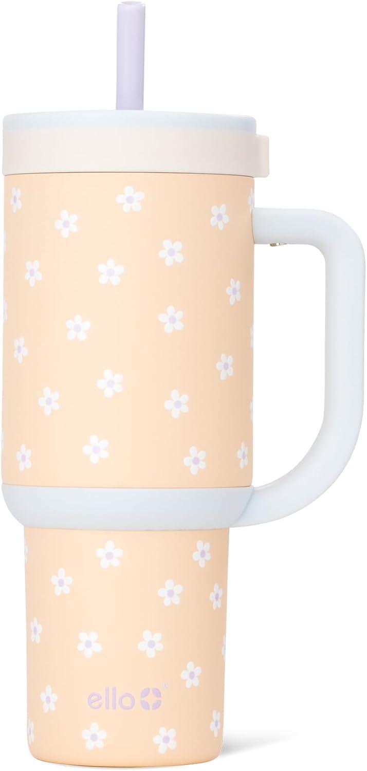 imageEllo Oasis 24oz Tumbler with Handle amp Retracting Straw Reusable Insulated Stainless Steel Cup 100 Leakproof Gifts for Teens Women Men Keeps cold for 24 Hours Cup Holder Friendly Orange DaisiesOrange Daisies