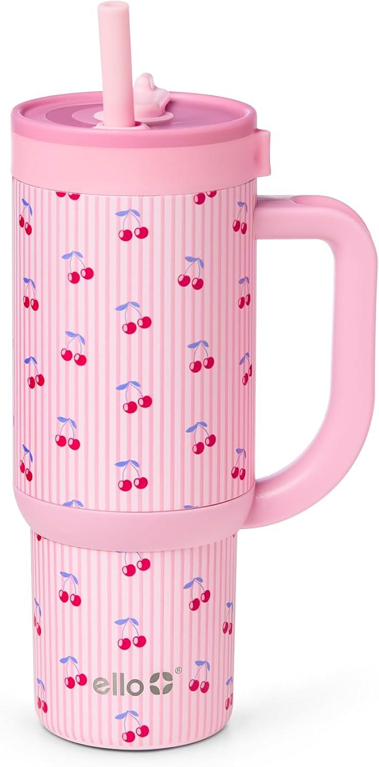 imageEllo Oasis 24oz Tumbler with Handle amp Retracting Straw Reusable Insulated Stainless Steel Cup 100 Leakproof Gifts for Teens Women Men Keeps cold for 24 Hours Cup Holder Friendly Orange DaisiesPreppy Cherries