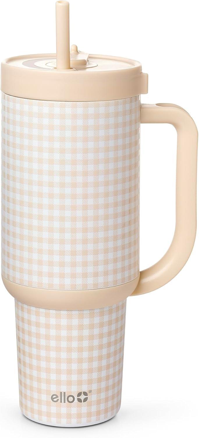 imageEllo Oasis 24oz Tumbler with Handle amp Retracting Straw Reusable Insulated Stainless Steel Cup 100 Leakproof Gifts for Teens Women Men Keeps cold for 24 Hours Cup Holder Friendly Orange DaisiesBeige Gingham