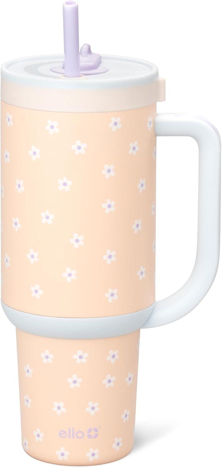 imageEllo Oasis 24oz Tumbler with Handle amp Retracting Straw Reusable Insulated Stainless Steel Cup 100 Leakproof Gifts for Teens Women Men Keeps cold for 24 Hours Cup Holder Friendly Orange DaisiesOrange Daisies