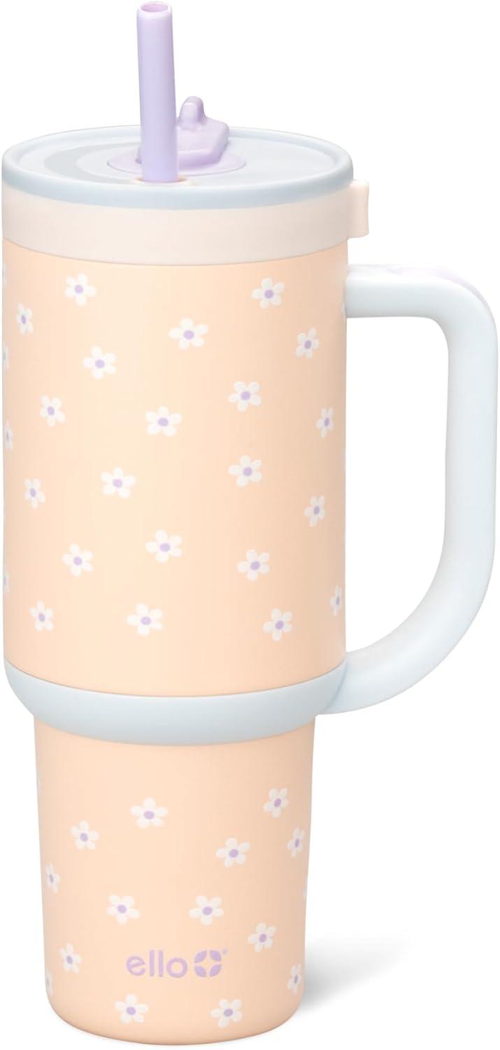 imageEllo Oasis 24oz Tumbler with Handle amp Retracting Straw Reusable Insulated Stainless Steel Cup 100 Leakproof Gifts for Teens Women Men Keeps cold for 24 Hours Cup Holder Friendly Orange DaisiesOrange Daisies