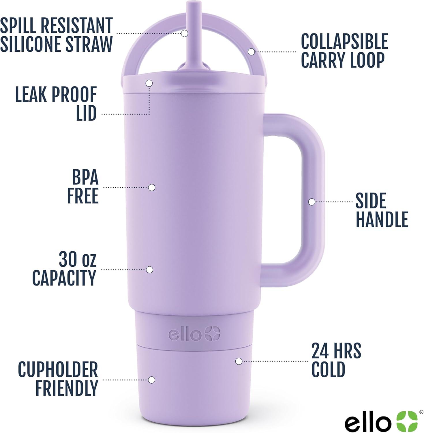 imageEllo Port 40oz Tumbler with Carry Loop amp Integrated Handle Vacuum Insulated Stainless Steel Reusable Water Bottle Travel Mug with Leak Proof Lid amp Straw Perfect for Iced Coffee amp Tea WhiteLilac