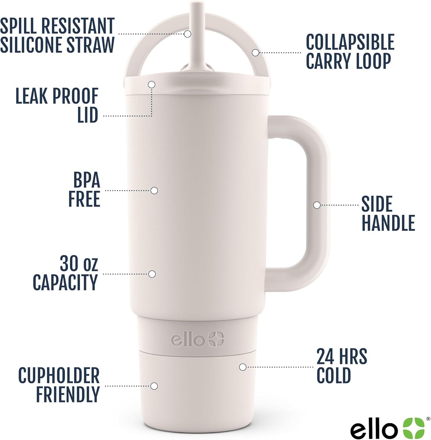 imageEllo Port 40oz Tumbler with Carry Loop amp Integrated Handle Vacuum Insulated Stainless Steel Reusable Water Bottle Travel Mug with Leak Proof Lid amp Straw Perfect for Iced Coffee amp Tea WhiteCream
