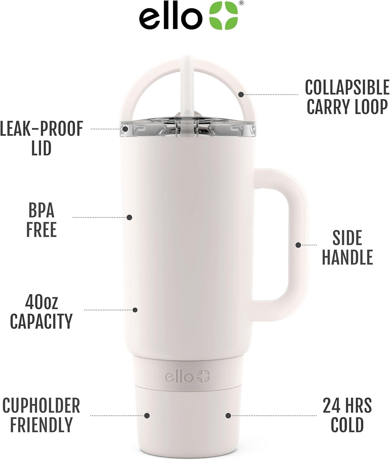 imageEllo Port 40oz Tumbler with Carry Loop amp Integrated Handle Vacuum Insulated Stainless Steel Reusable Water Bottle Travel Mug with Leak Proof Lid amp Straw Perfect for Iced Coffee amp Tea WhiteCream