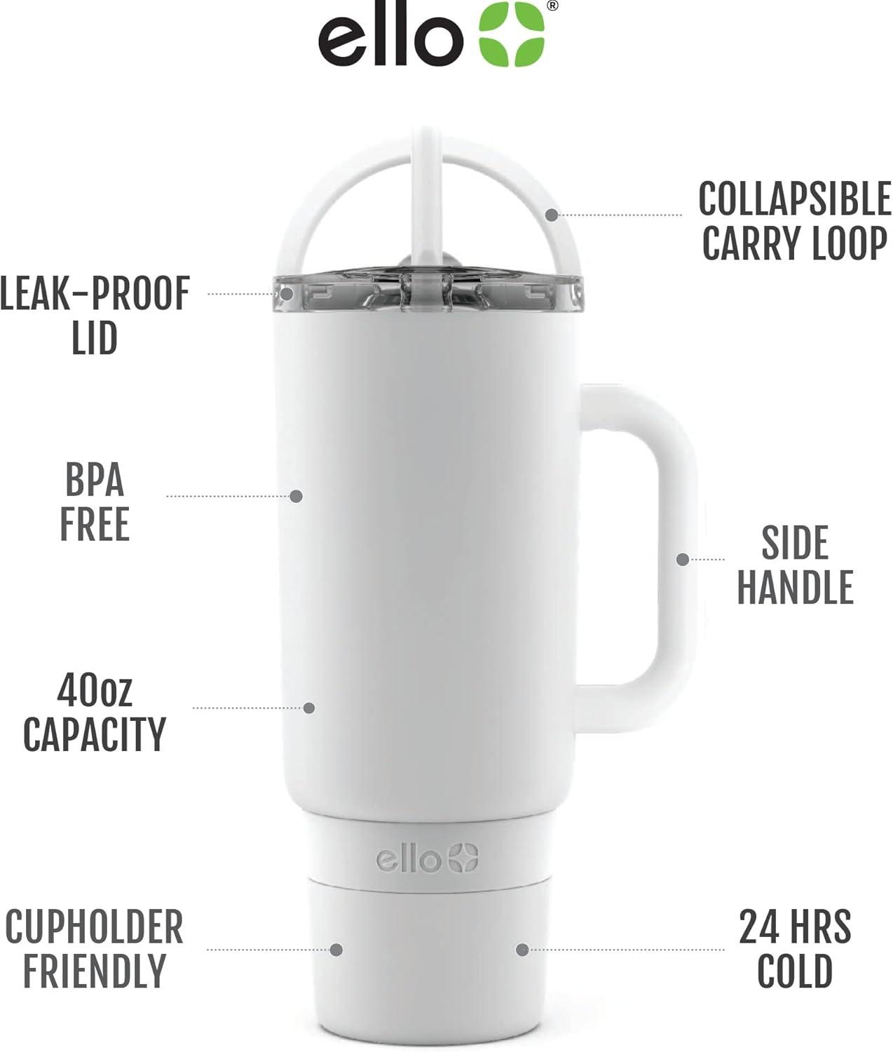 imageEllo Port 40oz Tumbler with Carry Loop amp Integrated Handle Vacuum Insulated Stainless Steel Reusable Water Bottle Travel Mug with Leak Proof Lid amp Straw Perfect for Iced Coffee amp Tea WhiteWhite