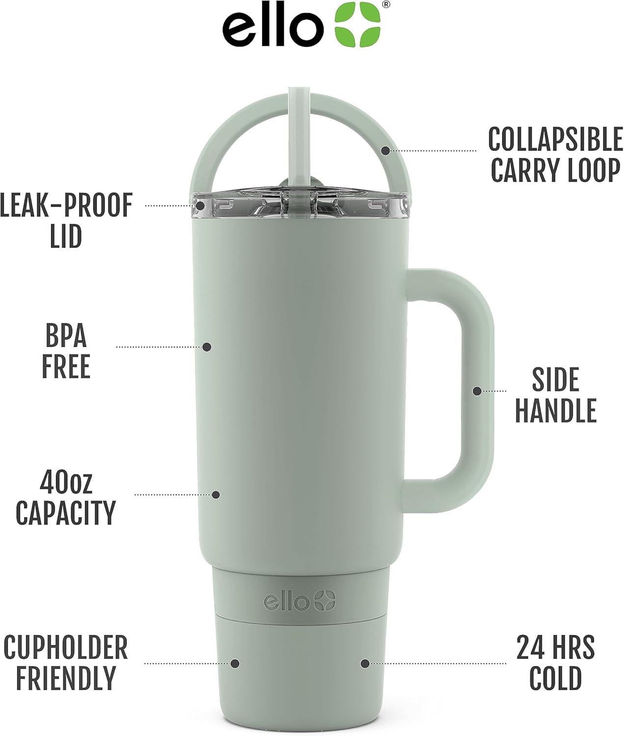 imageEllo Port 40oz Tumbler with Carry Loop amp Integrated Handle Vacuum Insulated Stainless Steel Reusable Water Bottle Travel Mug with Leak Proof Lid amp Straw Perfect for Iced Coffee amp Tea WhiteSage