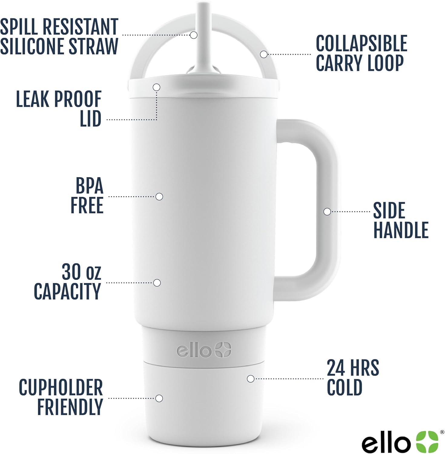 imageEllo Port 40oz Tumbler with Carry Loop amp Integrated Handle Vacuum Insulated Stainless Steel Reusable Water Bottle Travel Mug with Leak Proof Lid amp Straw Perfect for Iced Coffee amp Tea WhiteWhite