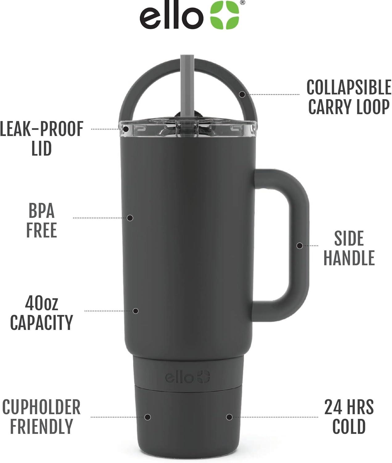 imageEllo Port 40oz Tumbler with Carry Loop amp Integrated Handle Vacuum Insulated Stainless Steel Reusable Water Bottle Travel Mug with Leak Proof Lid amp Straw Perfect for Iced Coffee amp Tea WhiteBlack