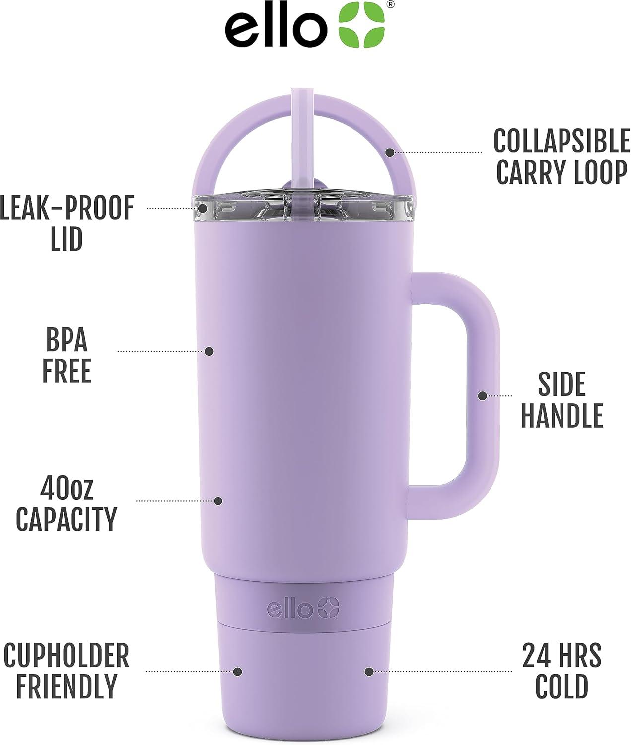 imageEllo Port 40oz Tumbler with Carry Loop amp Integrated Handle Vacuum Insulated Stainless Steel Reusable Water Bottle Travel Mug with Leak Proof Lid amp Straw Perfect for Iced Coffee amp Tea WhiteLilac