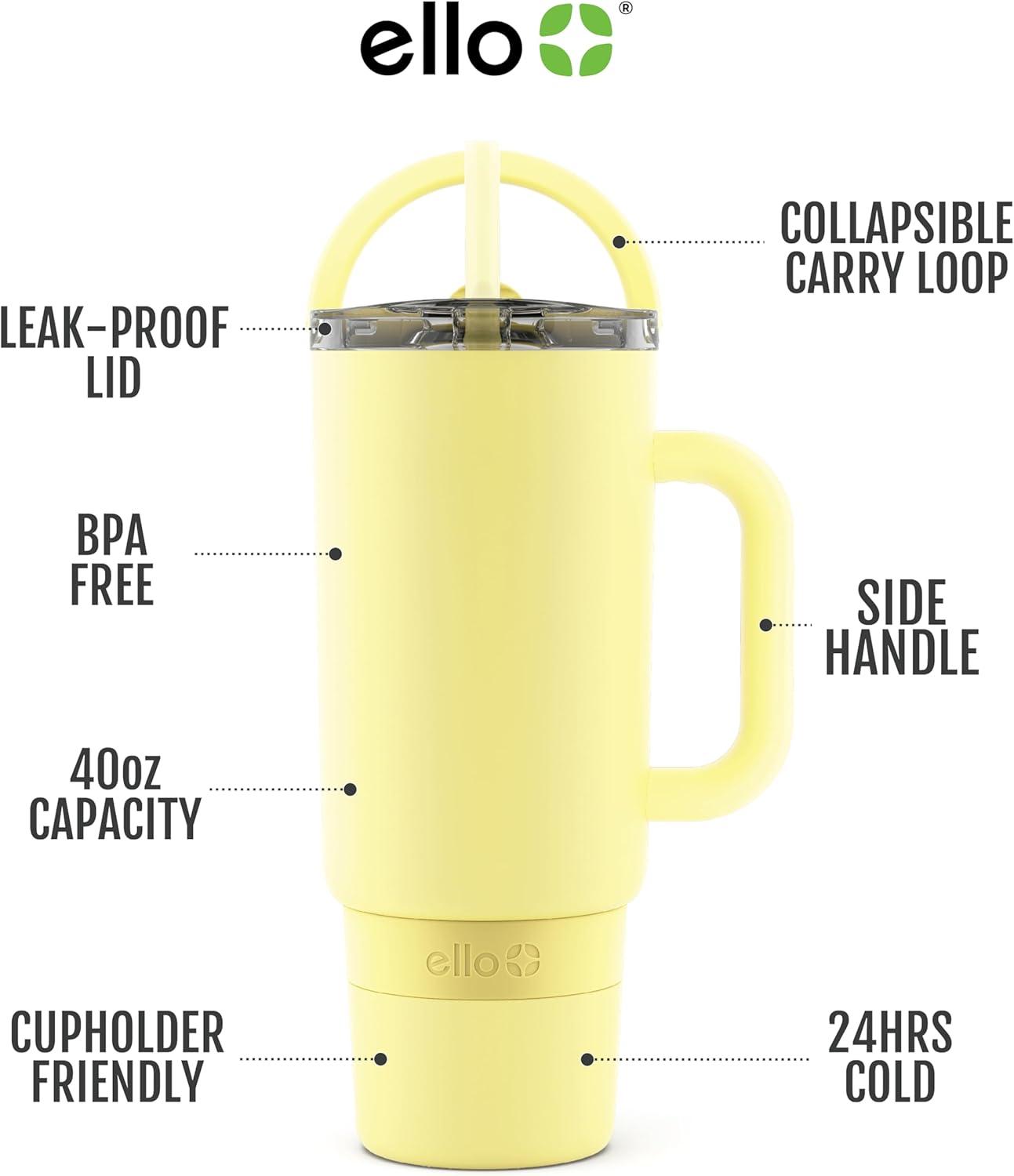 imageEllo Port 40oz Tumbler with Carry Loop amp Integrated Handle Vacuum Insulated Stainless Steel Reusable Water Bottle Travel Mug with Leak Proof Lid amp Straw Perfect for Iced Coffee amp Tea WhiteLemonade