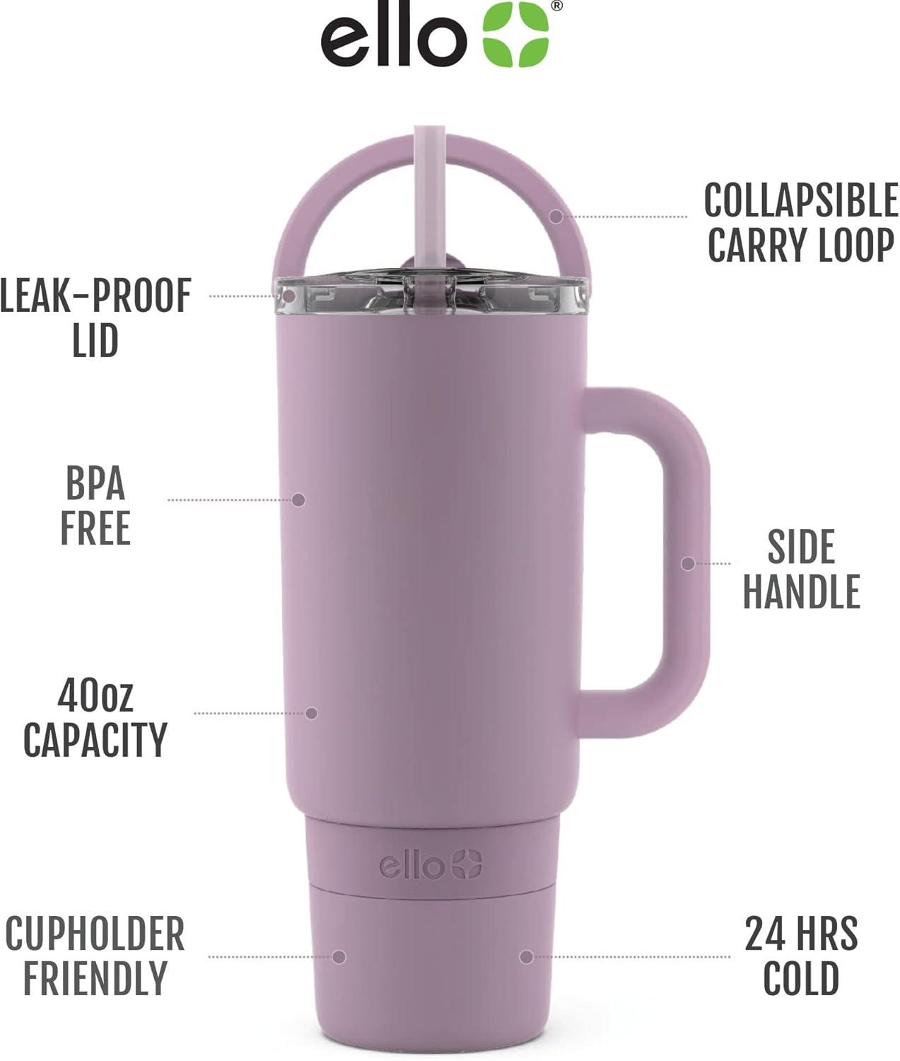 imageEllo Port 40oz Tumbler with Carry Loop amp Integrated Handle Vacuum Insulated Stainless Steel Reusable Water Bottle Travel Mug with Leak Proof Lid amp Straw Perfect for Iced Coffee amp Tea WhiteMauve