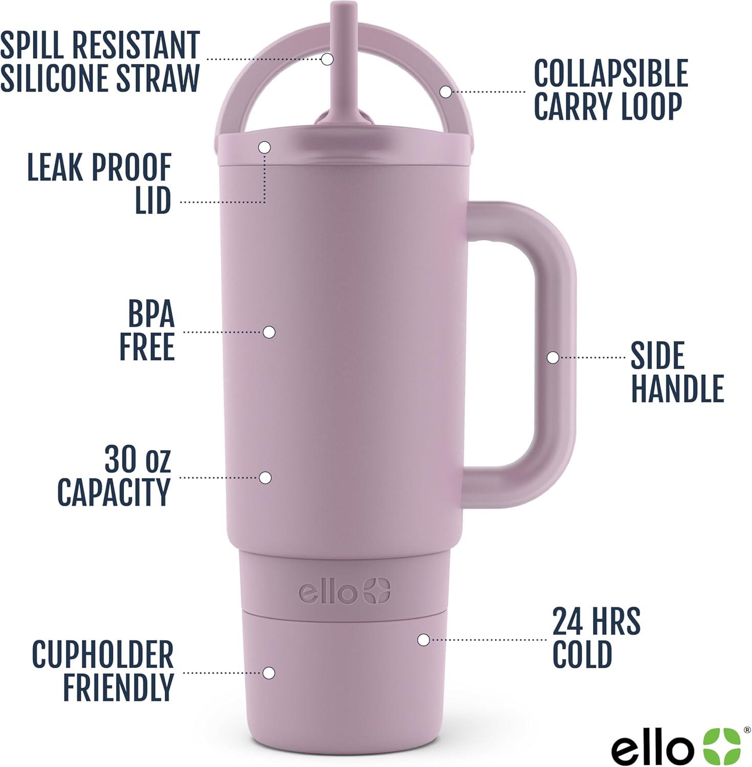 imageEllo Port 40oz Tumbler with Carry Loop amp Integrated Handle Vacuum Insulated Stainless Steel Reusable Water Bottle Travel Mug with Leak Proof Lid amp Straw Perfect for Iced Coffee amp Tea WhiteMauve