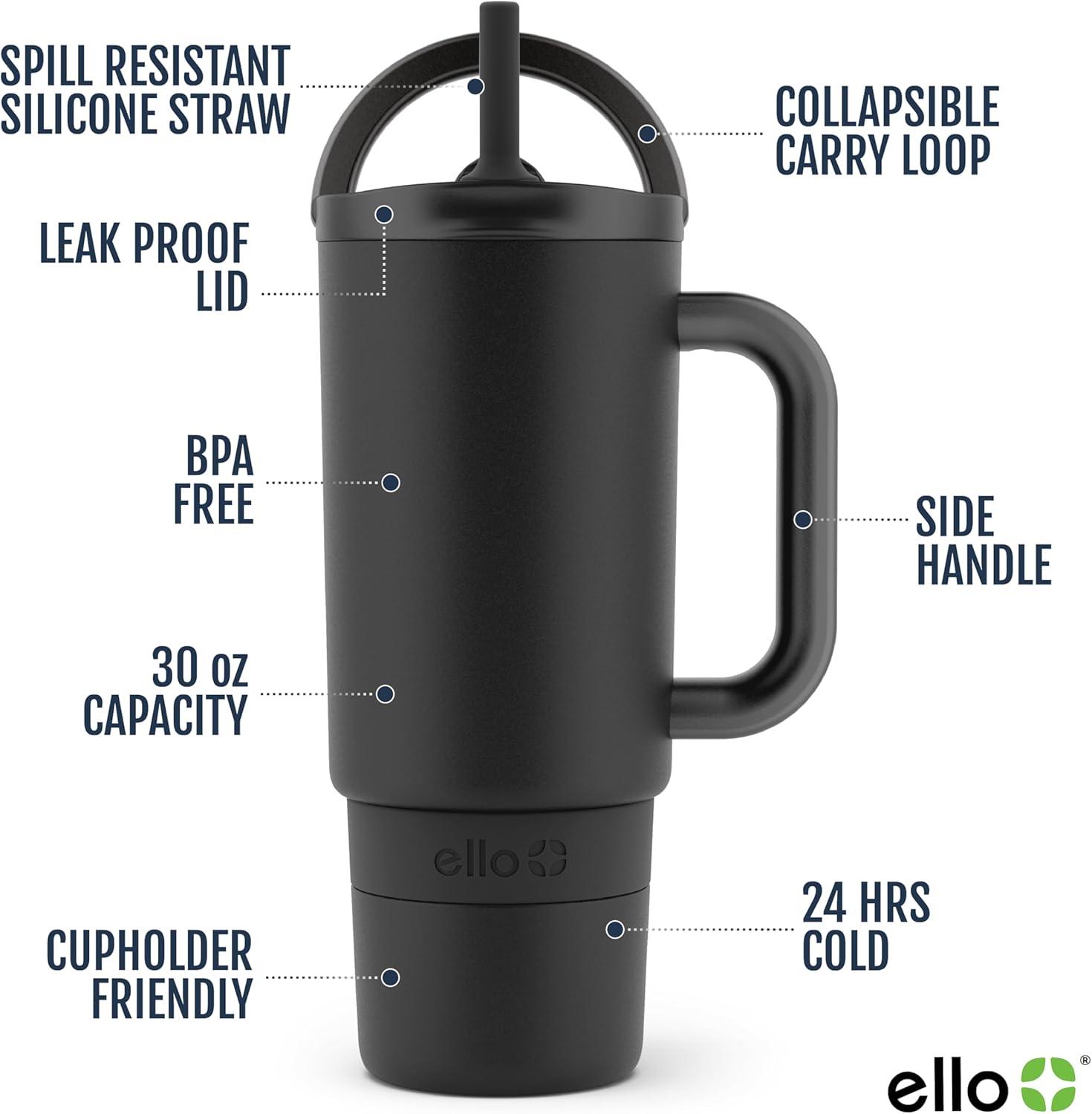 imageEllo Port 40oz Tumbler with Carry Loop amp Integrated Handle Vacuum Insulated Stainless Steel Reusable Water Bottle Travel Mug with Leak Proof Lid amp Straw Perfect for Iced Coffee amp Tea WhiteBlack