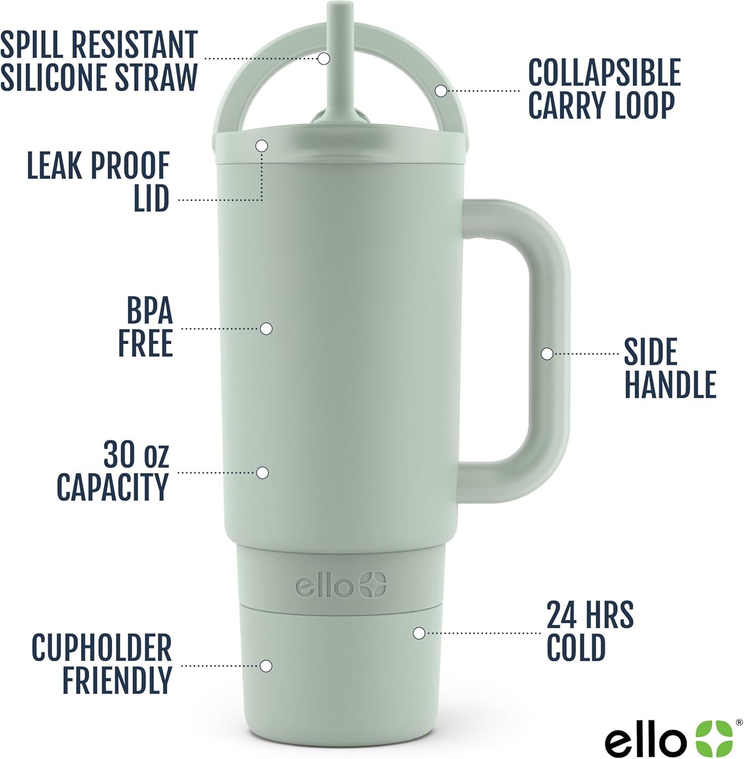imageEllo Port 40oz Tumbler with Carry Loop amp Integrated Handle Vacuum Insulated Stainless Steel Reusable Water Bottle Travel Mug with Leak Proof Lid amp Straw Perfect for Iced Coffee amp Tea WhiteSage