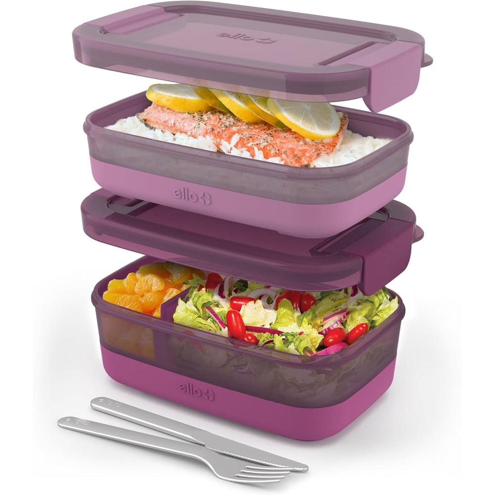 imageEllo 2Pack Bento Box Lunch Stack Plastic Food Storage Container  LeakProof Locking Plastic Lids  Silicone Base  BPAFree  Freezer Microwave and Dishwasher Safe  WisteriaRaspberry