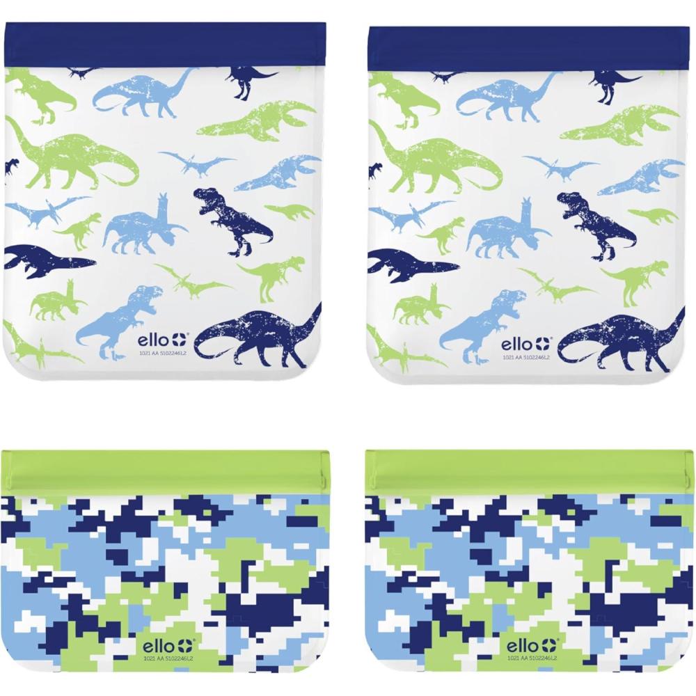 imageEllo 4 Pack Reusable Food Storage Bags Resealable BPAFree FoodSafe PEVA Feezer Safe and LeakProofDinos