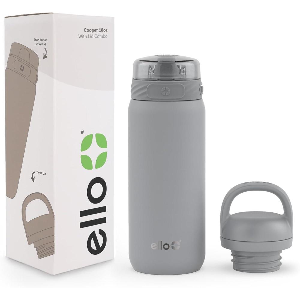 imageEllo Cooper 22oz Stainless Steel Water Bottle with Straw and Carry Handle Double Walled and Vacuum Insulated Metal Leak Proof Locking Lid with Soft Silicone Spout Reusable BPA Free AntiguaGray
