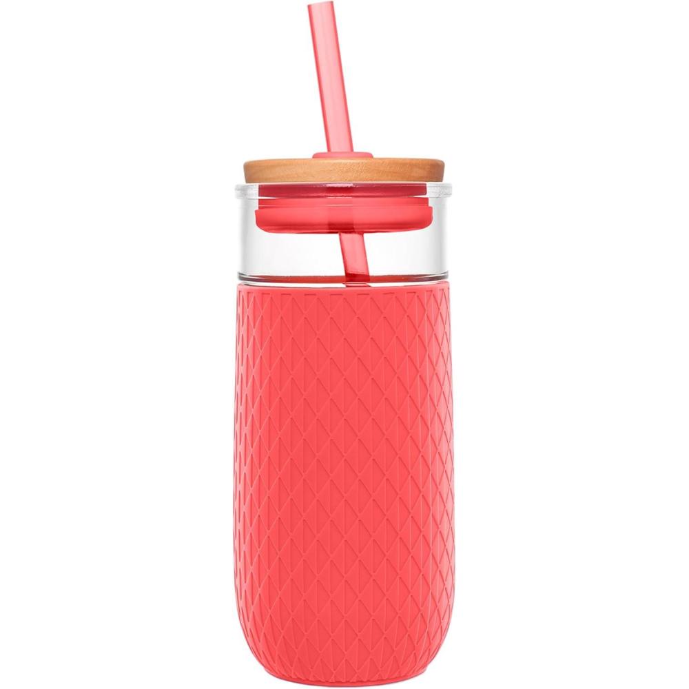 imageEllo Devon 18oz Glass Tumbler with Straw Friction Fit Bamboo Wood Lid and Silicone Sleeve  Perfect for Iced Coffee Tea Matcha and SmoothiesCoral