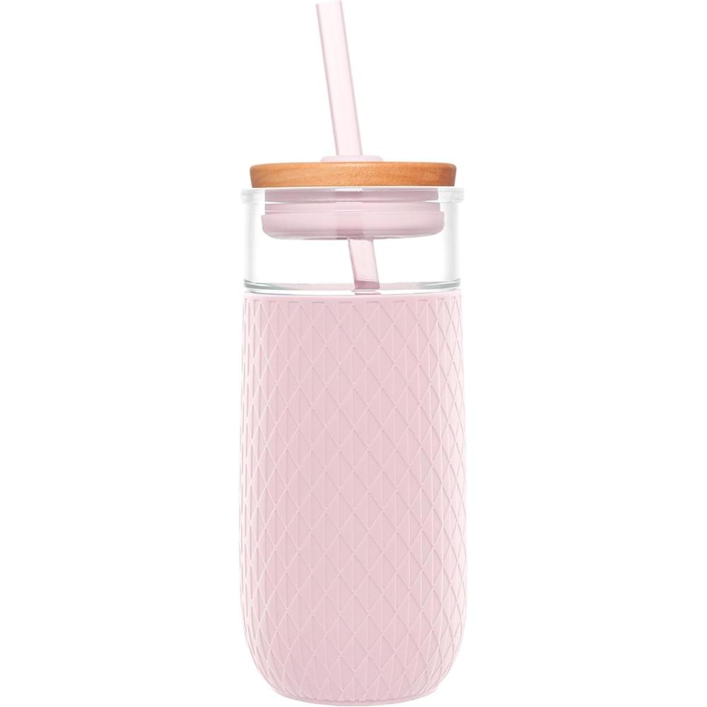 imageEllo Devon 18oz Glass Tumbler with Straw Friction Fit Bamboo Wood Lid and Silicone Sleeve  Perfect for Iced Coffee Tea Matcha and SmoothiesPink Satin
