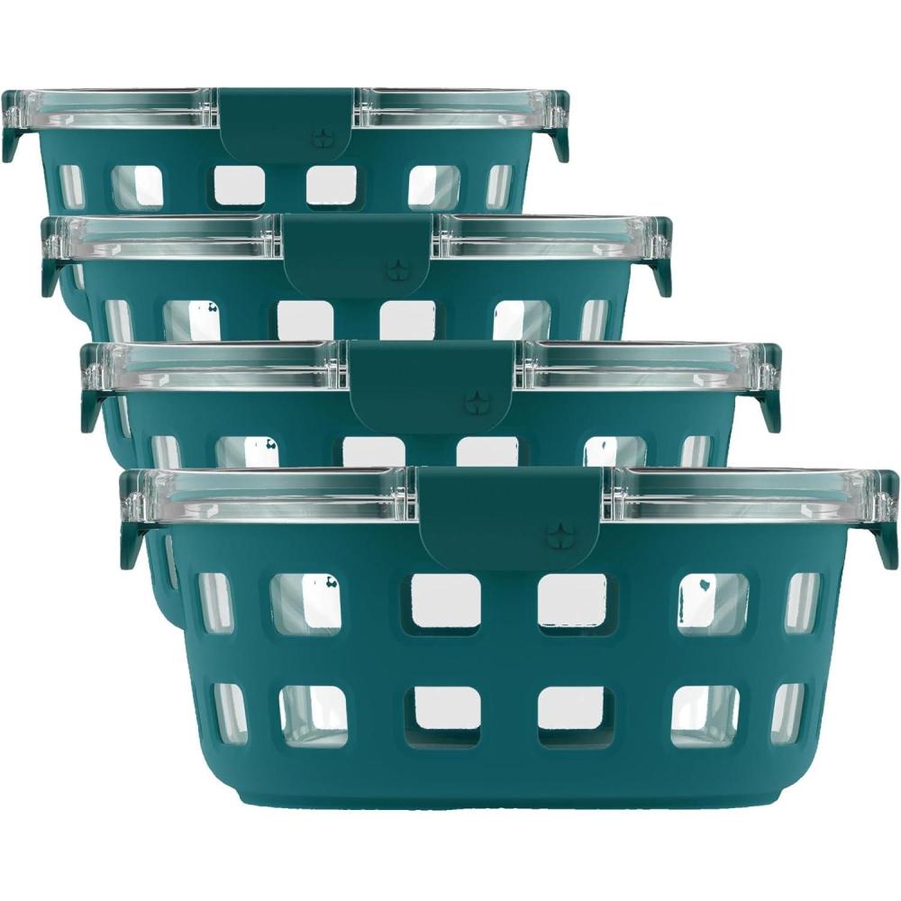 imageEllo Duraglass Meal Prep Container 7 cup Glass Food Storage Container with Silicone Sleeve and Airtight BPAFree Plastic Lid Dishwasher Microwave and Freezer Safe Watercress7 Cup Pack of 4