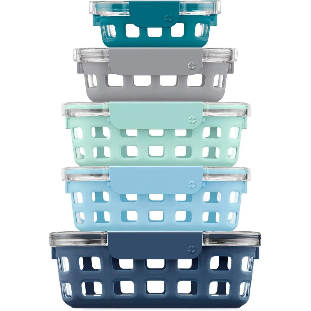 imageEllo Duraglass Mixed Meal Prep Sets LeakProof Glass Food Storage Containers with Silicone Sleeves and Airtight BPAFree Lids Dishwasher Microwave and Freezer SafeBlue La La