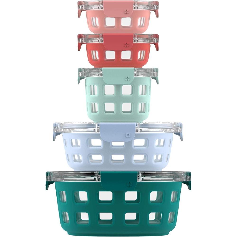 imageEllo Duraglass Mixed Meal Prep Sets LeakProof Glass Food Storage Containers with Silicone Sleeves and Airtight BPAFree Lids Dishwasher Microwave and Freezer SafeMelon Mixed