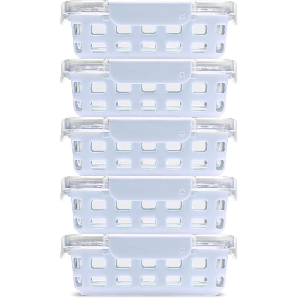 imageEllo Duraglass Refresh 34 Cup Divided Meal Prep Set 10Pc 5 Pack 2 Compartment Glass Food Storage Container with Silicone Boot and Airtight BPAFree Plastic Lids Dishwasher amp Microwave Safe GladeHalogen Blue with Sleeve