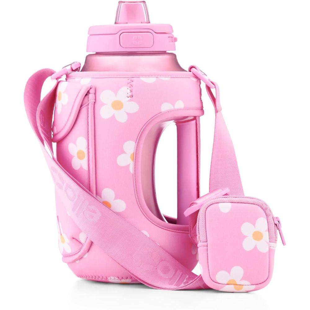 imageEllo Hydra 64oz Half Gallon Water Jug with Handle and Motivational Time Markers for All Day Hydration Plastic Reusable Water Bottle with Straw and Locking Leak Proof Lid BPA FreeDaisy Bottle Bag