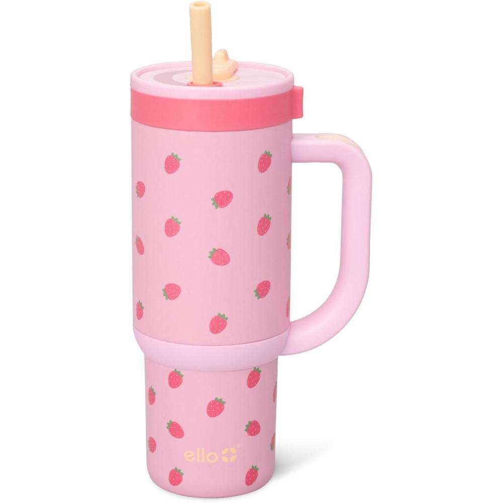 imageEllo Oasis 24oz Tumbler with Handle amp Retracting Straw Reusable Insulated Stainless Steel Cup 100 Leakproof Gifts for Teens Women Men Keeps cold for 24 Hours Cup Holder Friendly Orange DaisiesStrawberries